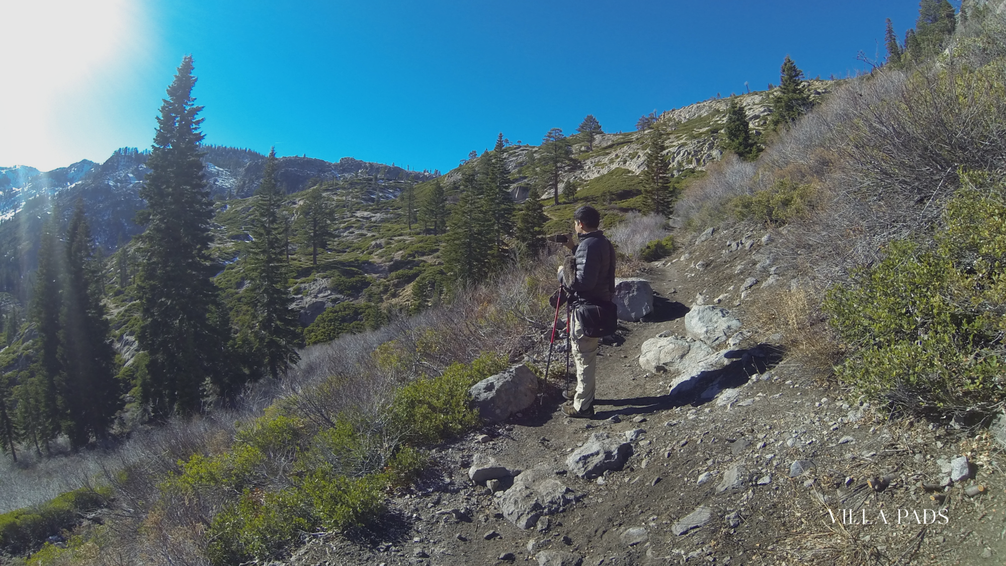 Hiker Rocky Trail Above Lake Tahoe